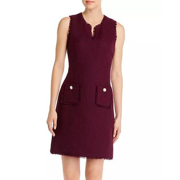 KARL LAGERFELD PARIS Burgundy Tonal Tweed Pocket Dress - Picture 1 of 6